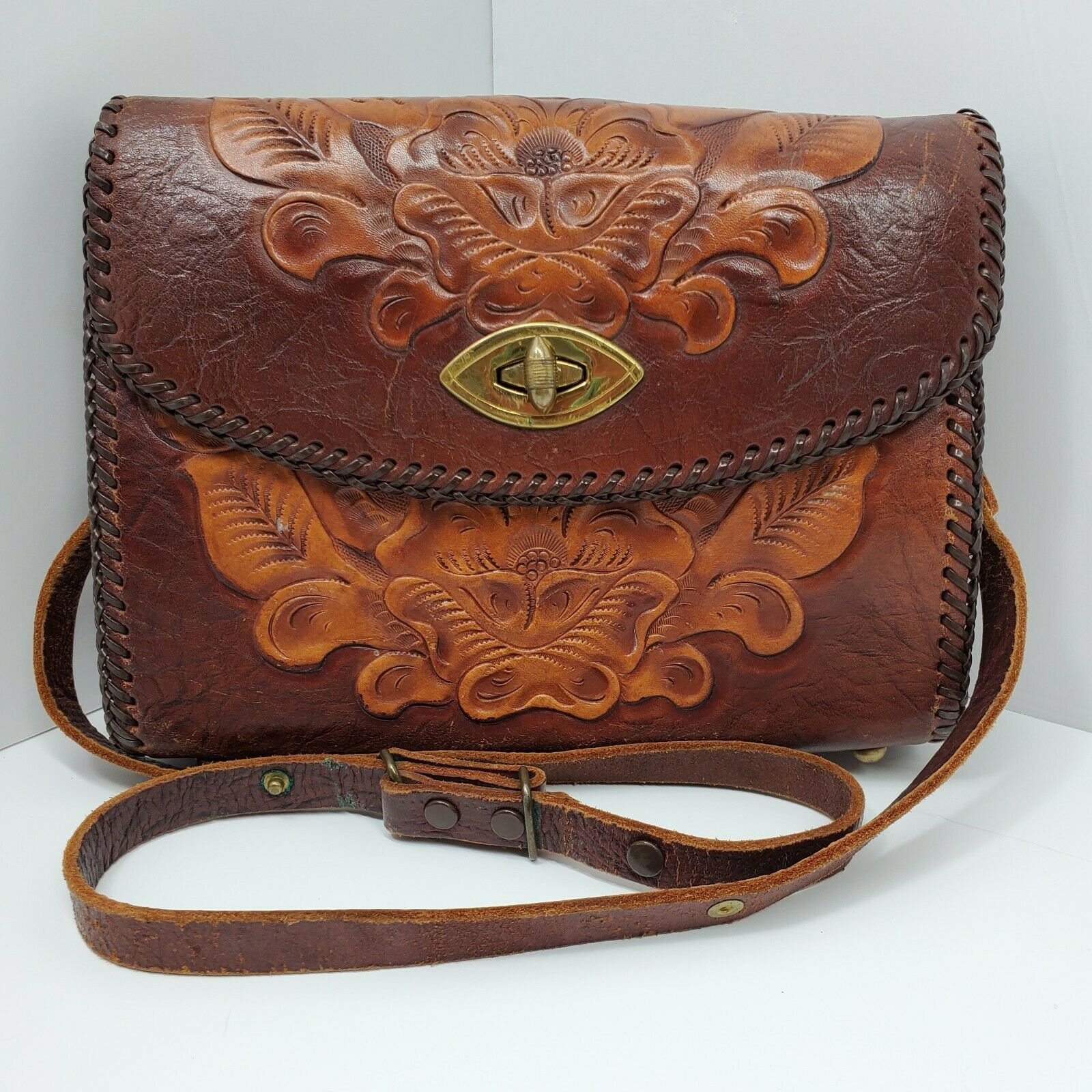 Vintage Tooled Brown Leather Shoulder Bag Purse Detachable Strap Floral ...