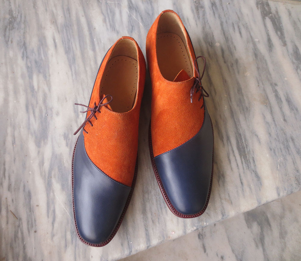 New Men's Side Lace Up Navy Blue Orange Shoes, Men's Formal Leather