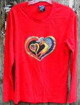 Laurel Burch Angel Cat &amp; Hearts Red Long Sleeve Cotton Tee Shirt - £16.83 GBP
