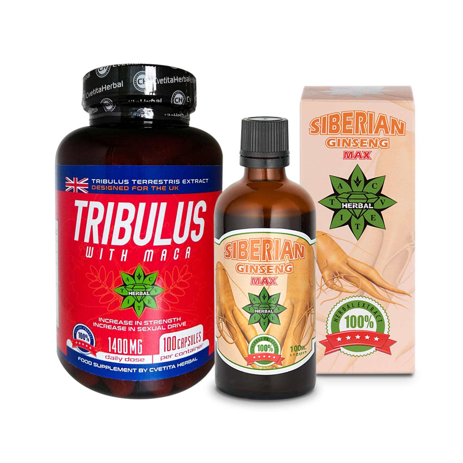 100 Caps Tribulus With Maca + 100 ml. Siberian Ginseng Libido