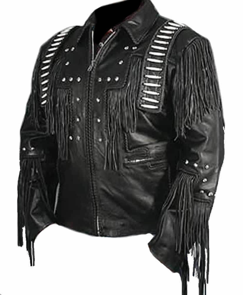 Handmade Men's Black Leather Fringe Fashion Jacket Men's Clothing