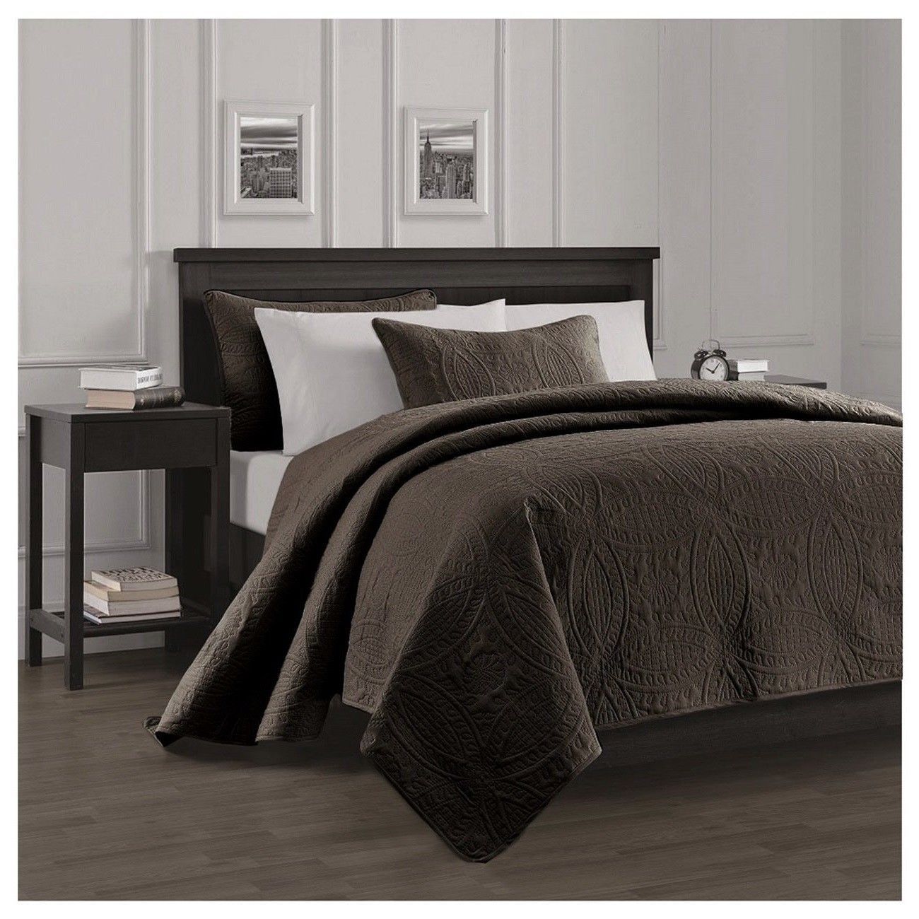 Queen King Size Solid Brown Embossed Oversized 3 pc Quilt Set Coverlet ...