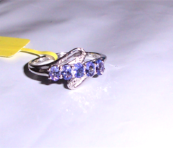 Tanzanite Oval & Diamond 5 Stone Band Ring, Platinum / Silver, Size 6, 0.76(Tcw) - $69.99