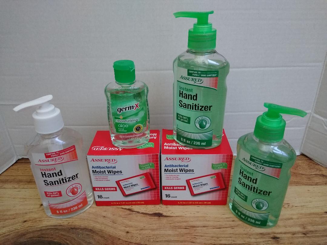 3 (8 oz) Sanitizer, 1 (3 oz) Hand Sanitizer and 2 16ct Antibacterial Moist Wipes