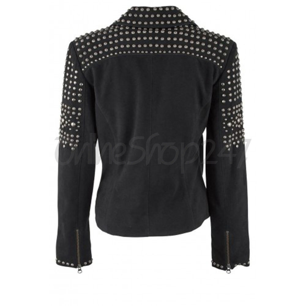 New Women Classic Brando Style Full Silver Studded Black Suede Leather ...