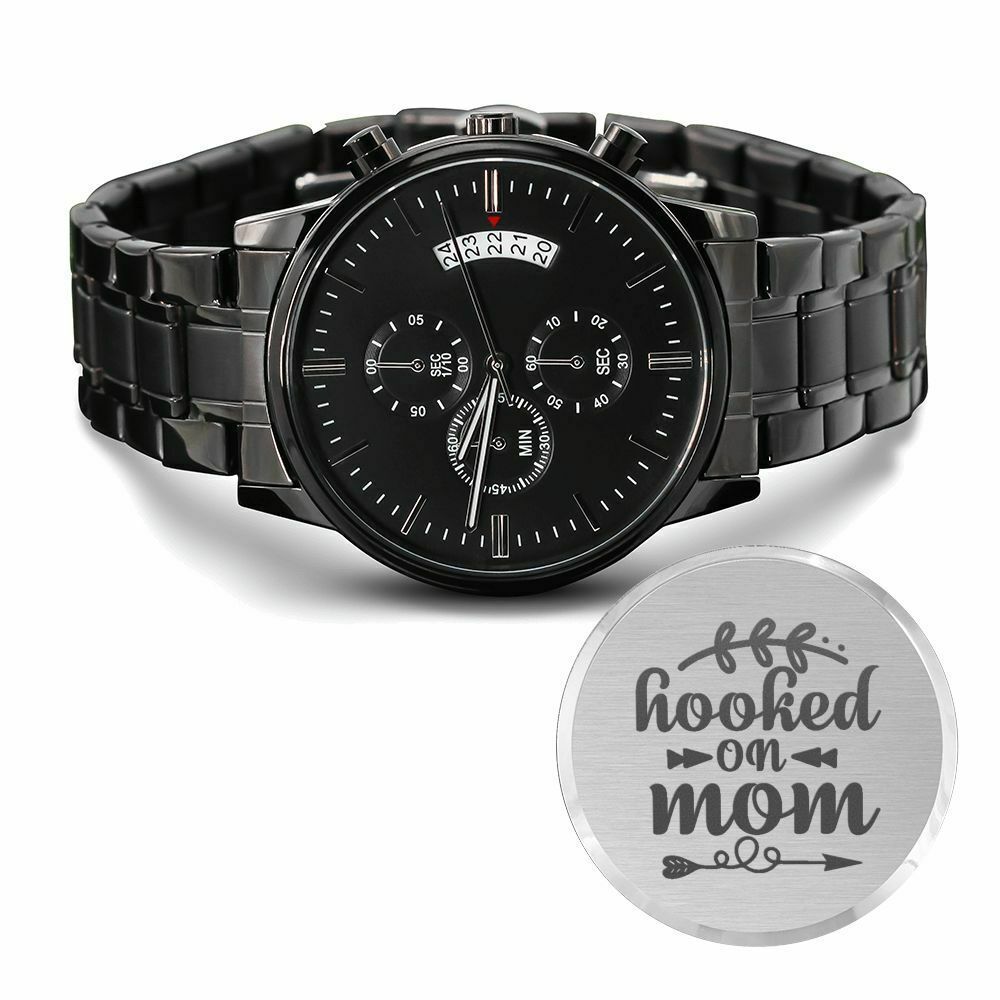 Hooked On Mom Engraved Multifunction Fishing Men's Watch Stainless Steel Chronog