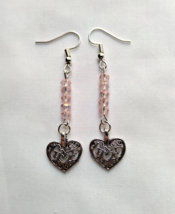 Filigree Heart Charm Pink Czech Glass Bead Earrings Silver Plated Hook Boho Love - $6.89