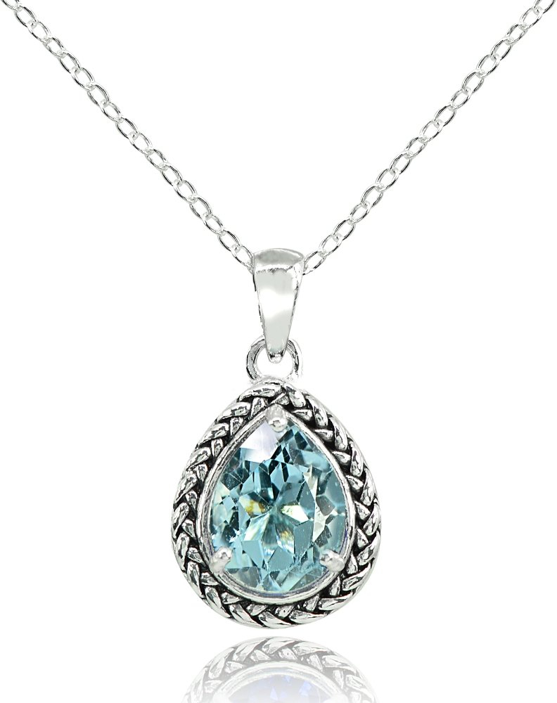 Ice Gems Sterling Silver Blue Topaz PearCut Oxidized Rope Pendant