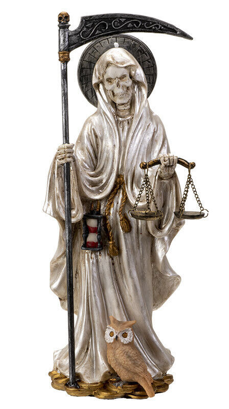 Standing White Santa Muerte With Scythe Scales Of Justice And Wise Owl 