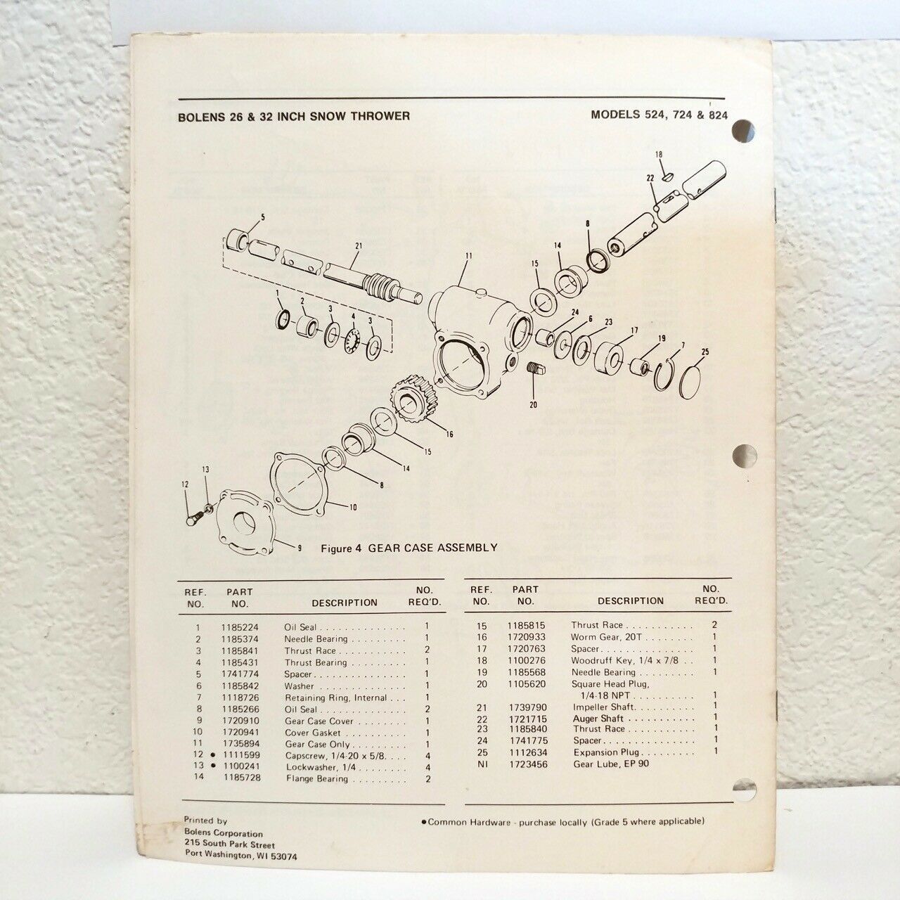 BOLENS SNOW THROWER Parts List Catalog Models 524 724 824 Snow Blowers