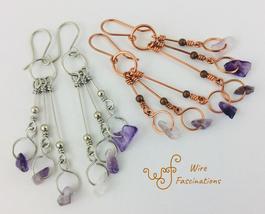 Handmade amethyst earrings: long copper/stainless dangles small hoops amethyst - $35.00
