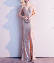 Sleeveless Sexy Sequin Dress V Neck High Slit Sequin Maxi Dress Gown Pink Gold image 2