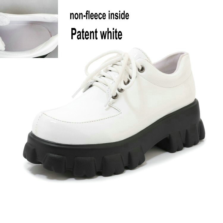Patent PU leather black white brogue shoes woman lace-up platform pumps anti-ski