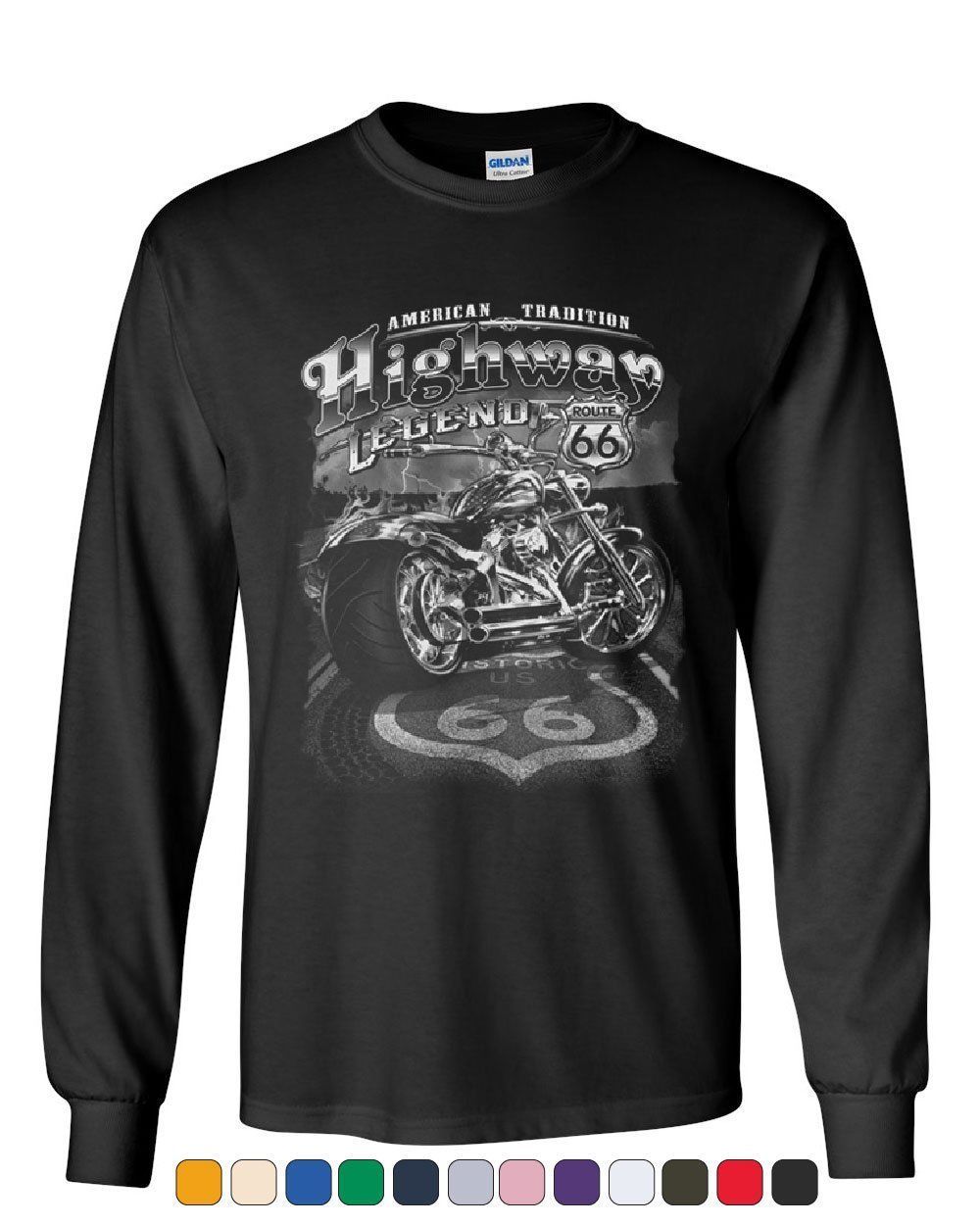 Highway Legend Route 66 Long Sleeve T-Shirt Biker American Tradition Chopper Tee