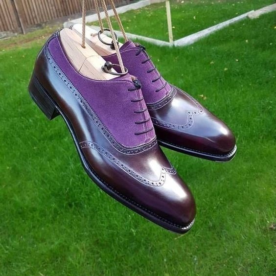 New Handmade Men Purple brown Brogue Shoes, Oxford Formal Dress Suede & Leather