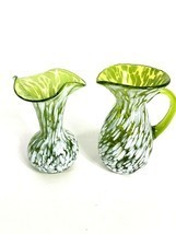 2 Rainbow Art Glass Green White Splatter Vase Pitcher Ruffled Vintage - $40.58