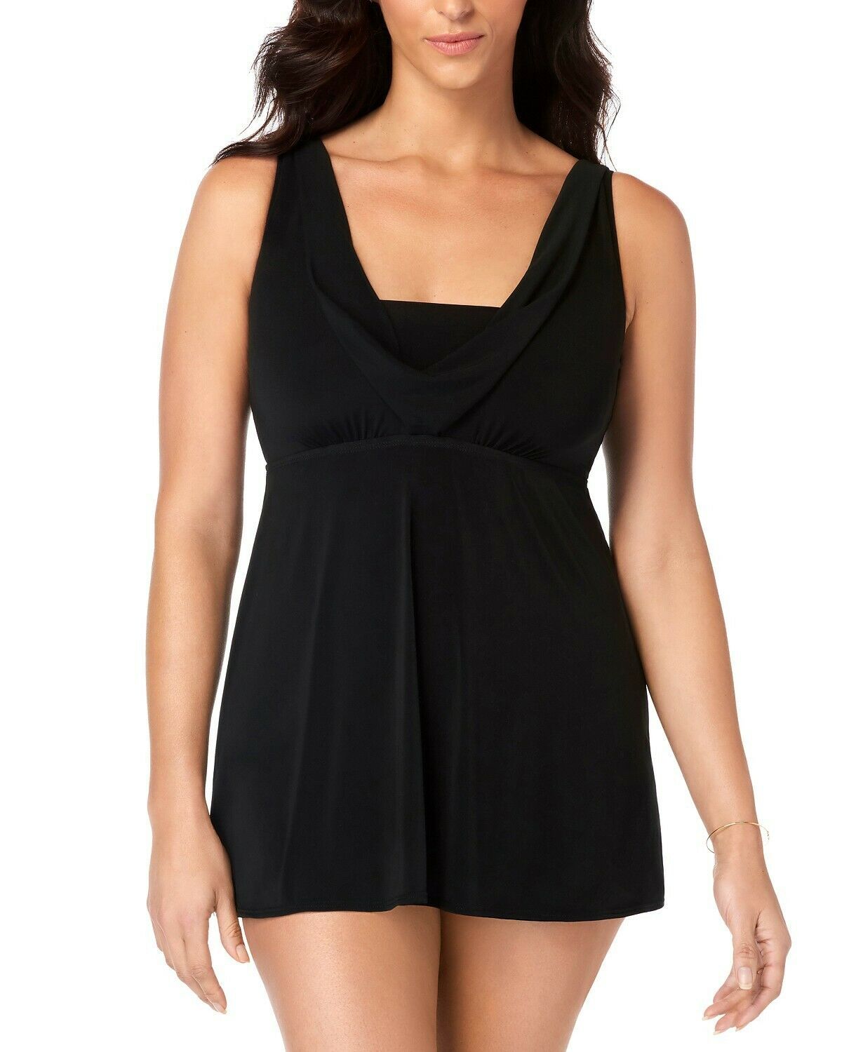 Swim Solutions BLACK Cowlneck Long Torso TummyControl Swim Dress, US