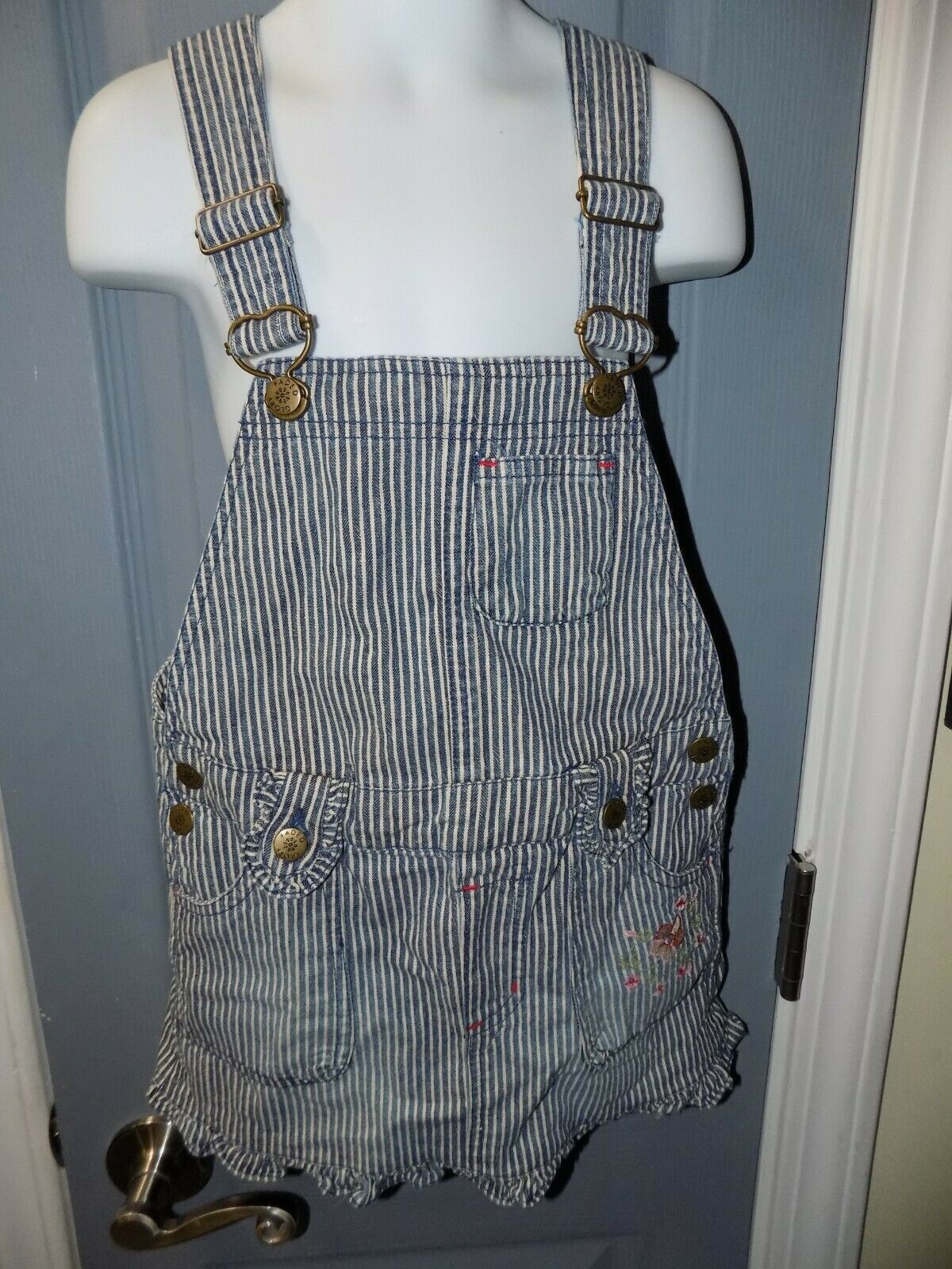 Faded Glory Striped Jean Overall Pocket Dress Adjustable Straps Size 6 Girl's - $17.20