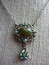 Vintage 1928 Silver Tone Chain Dangle Drop Green Rhinestone Necklace - $13.18