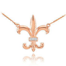14k Solid Rose Gold Diamond French Fleur de Lis Stylized lily Flower Nec... - $273.12+