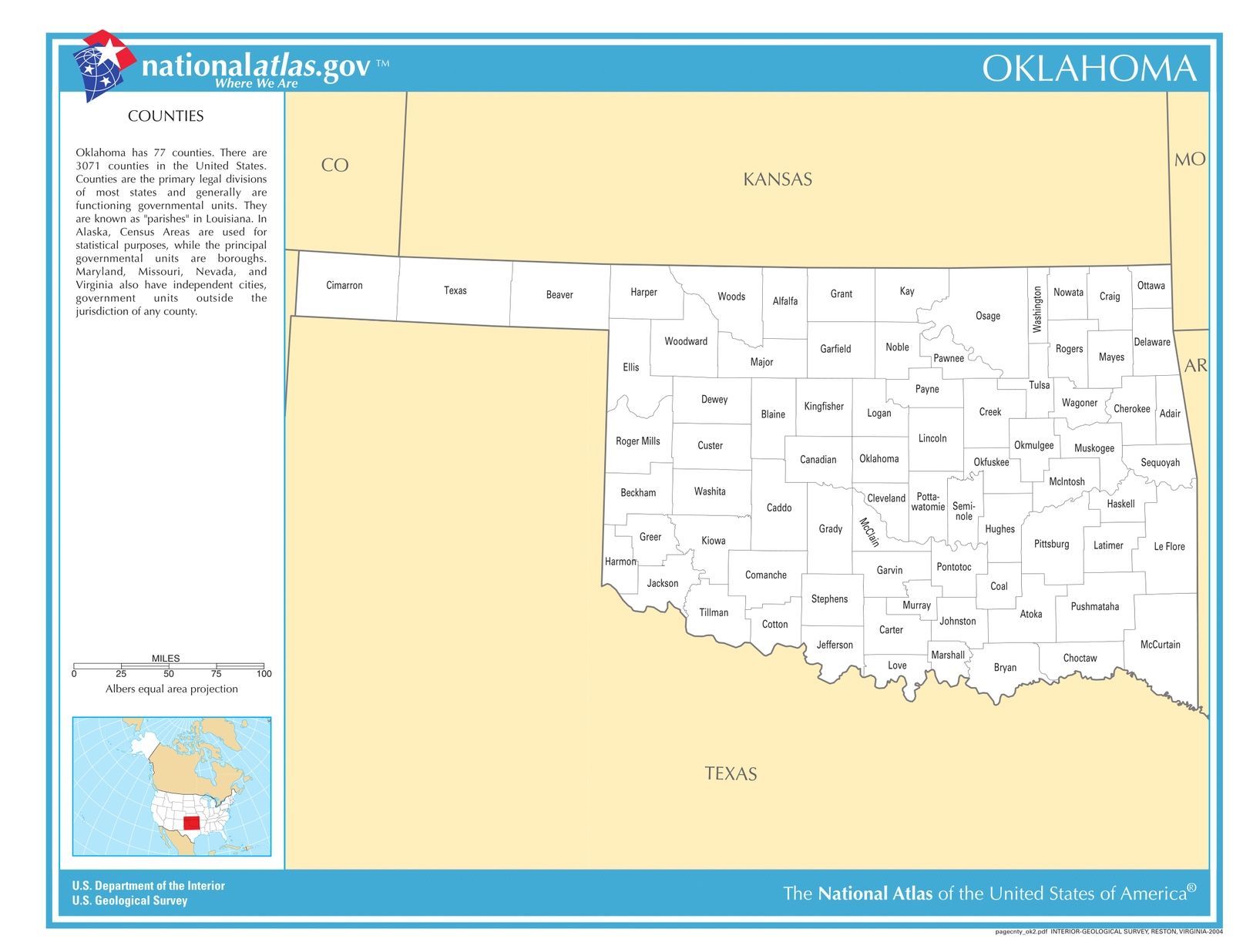 Oklahoma State Counties Laminated Wall Map - US