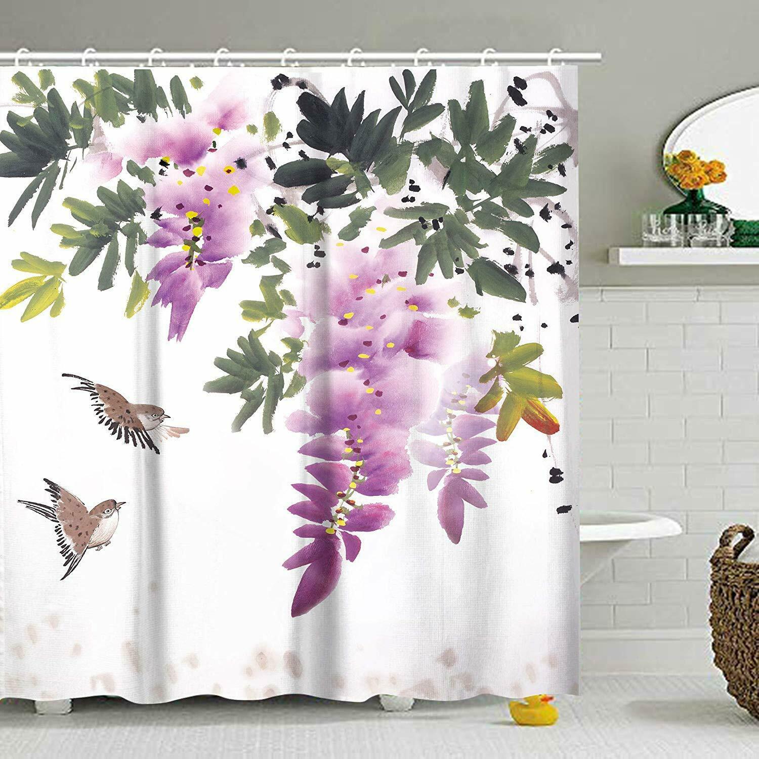 Purple Whimsical Floral Farmhouse Waterproof Fabric Shower Curtain ...