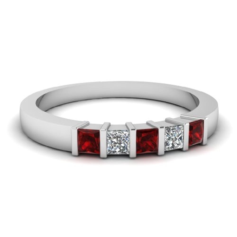 Best Princess CZ Dia & Red Garnet 5 Stone .925 Sterling Silver Wedding Band Ring