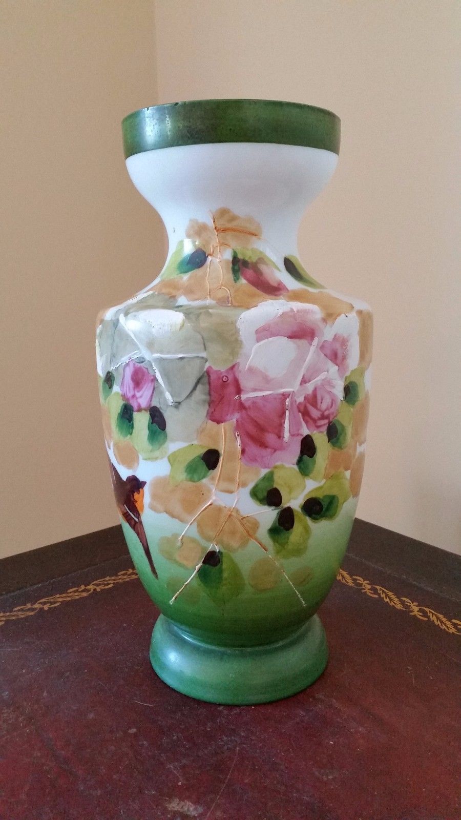 Antique Victorian Hand Painted White Milk Glass Vase With Floral Design And Bird Vases