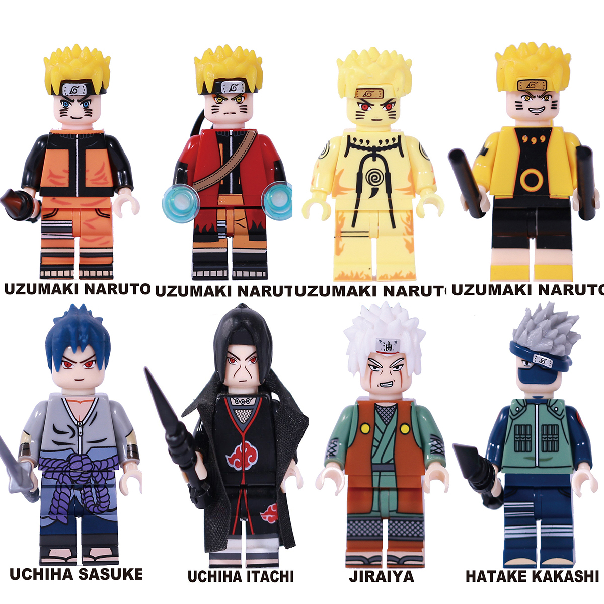 8pcs Naruto Uzumaki Uchiha Sasuke Itachi Jiriya Hatake Kakashi Minifigure Blocks