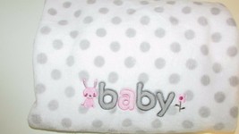 Just Born White Gray dots Pink bunny rabbit flower Baby Girl Blanket fle... - $34.64