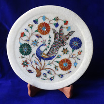 9" Marble Plate Dancing Peacock Lapis Marquetry Pietra Dura Home Decor Gifts - $190.00