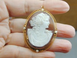 HUGE 10k Carved Shell Cameo Natural Baroque Pearl Pin Pendant Woman - $295.00