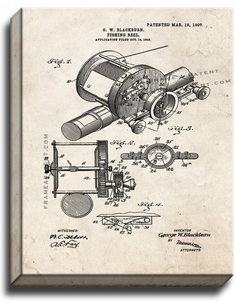 Fishing Reel Patent Print Old Look on Canvas