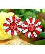 Vintage Metal Earrings Enamel Daisy Flower Red White Speckles Clip-Ons - $17.95