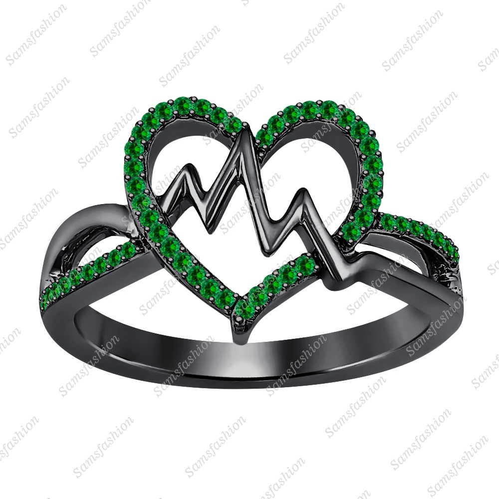 Round Green Emerald 14k Black Gold Over 925 Silver Heart Beat Anniversary Ring