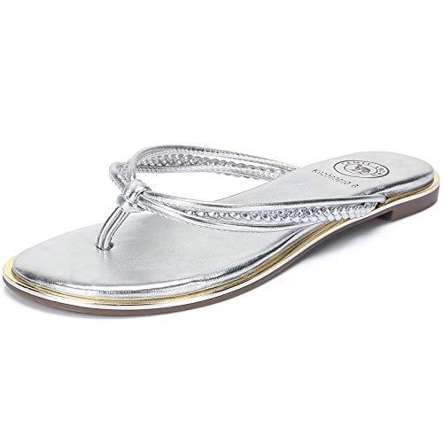 CAMEL CROWN Women's Metallic Flip-Flops Braided T-Strap Thong Flat Sandals Faux - Sandals & Flip 
