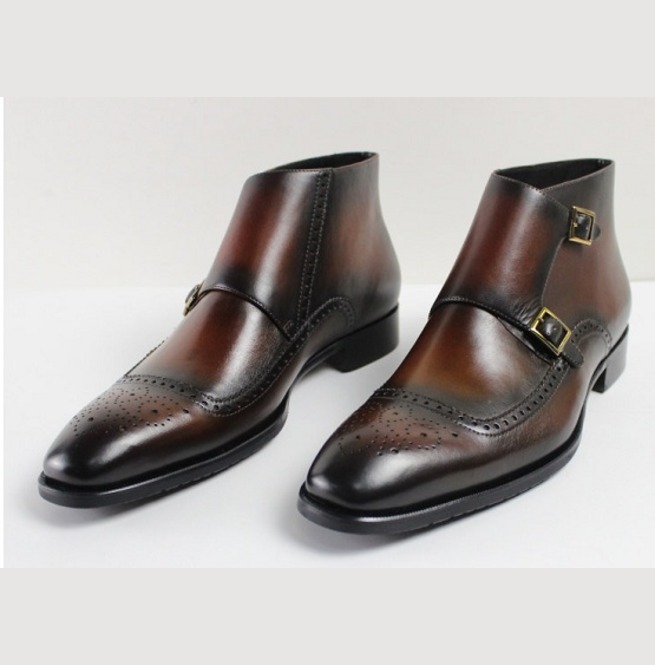 New Handmade Men Wingtip Brogue Double Monk Chukka Boots, New Men Leather Boots