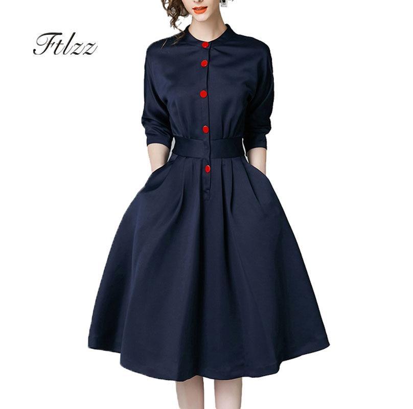 New Spring Autumn Vintage Dresses Women Slim 3/4 Sleeve A Line Office ...