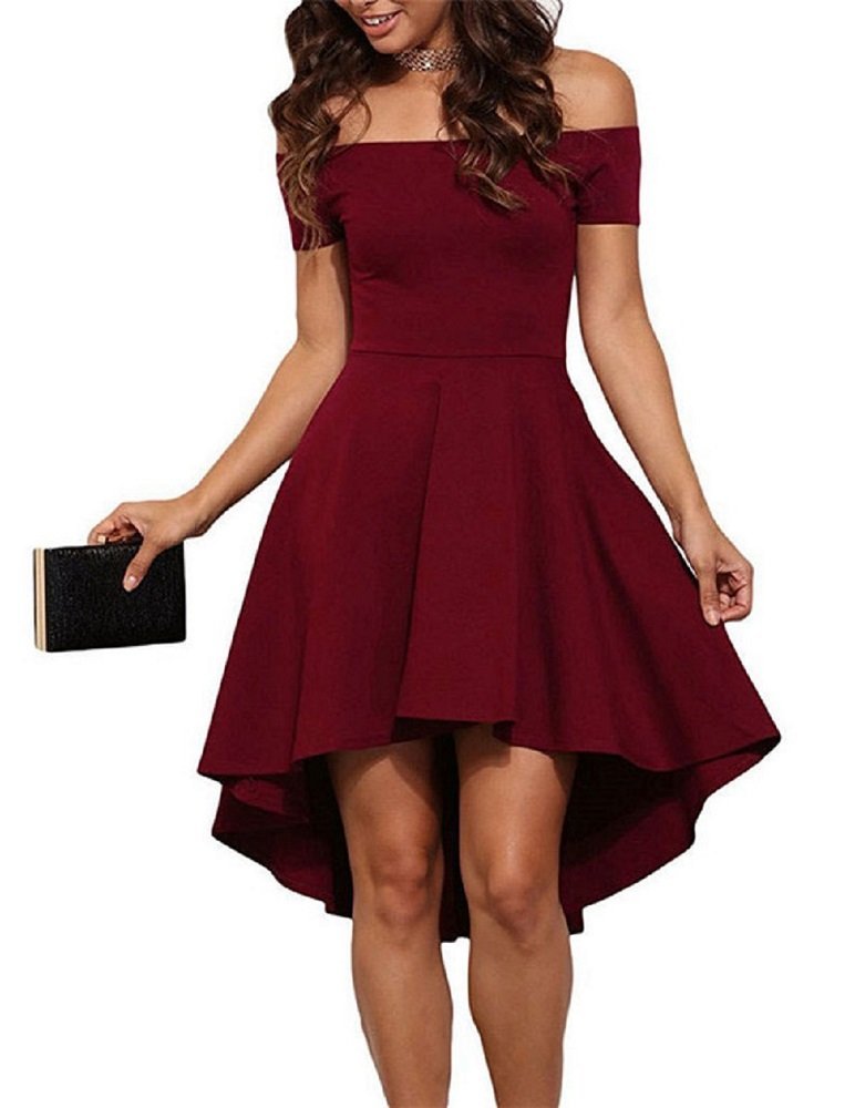 Euro Off Shoulder High-Low Party Dress (X-Large, Wine Red)