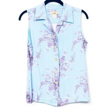 Original Island Sport Vest M Women Blue Floral Rayon Button Down Sleeveless - $17.68