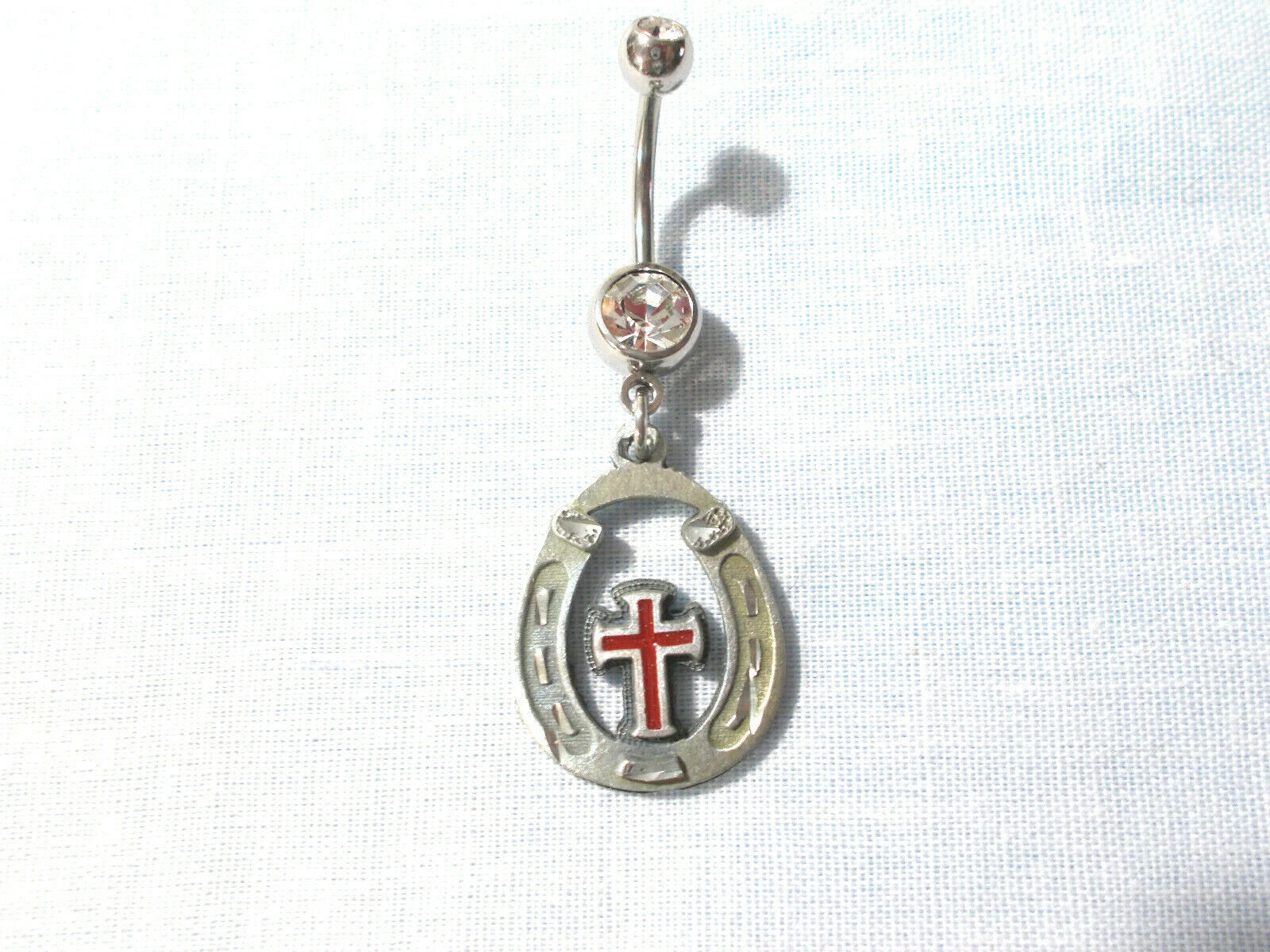 Lucky Horseshoe with Red Cross Engraved Accents on 14g Clear CZ Belly Ring