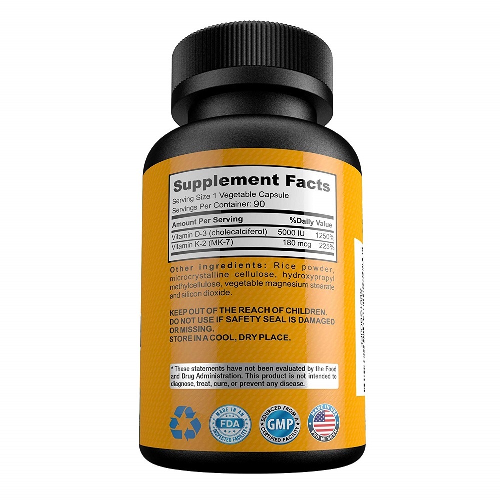 Vitamin D3 5000 IU + K2 MK7 180 Mcg Support Bone, Muscles, Heart Health 90 Caps Other Vitamins