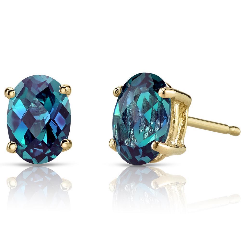 14K Yellow Gold Oval Shape Alexandrite Stud Earrings Genuine Gemstone