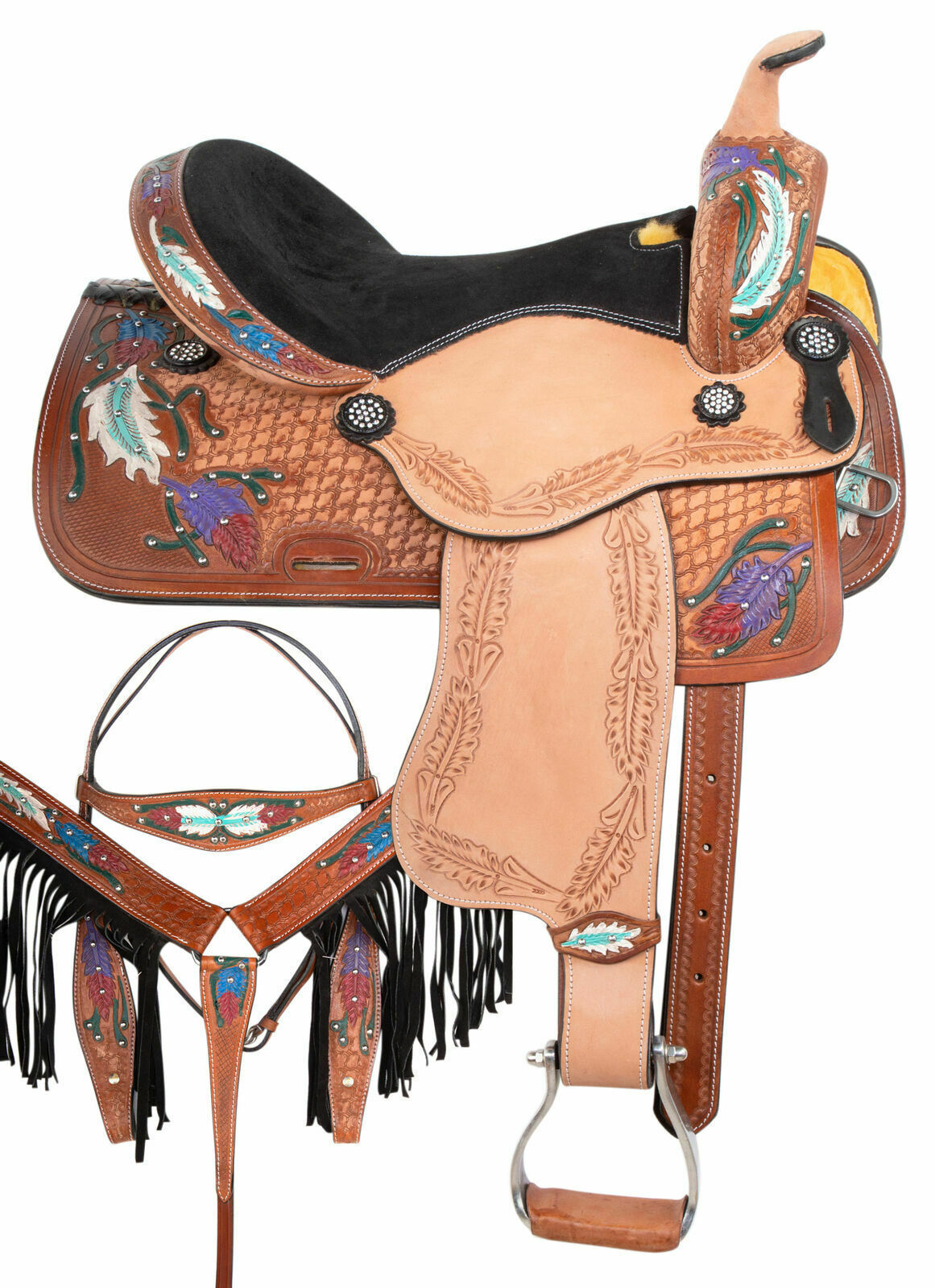 Leather Western Horse Saddle, Hand painted,Leaves Tooled, Handmade 