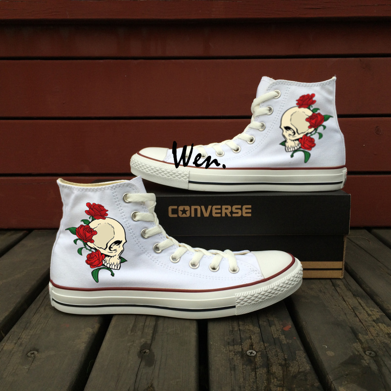 Red Rose Skull Original Design Hand Painted Canvas Shoes High Top White Converse