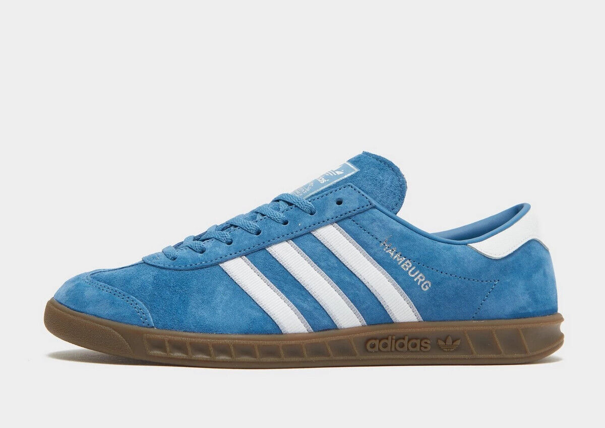 adidas Mens Originals Hamburg Suede Shoes Trainers in Blue and White