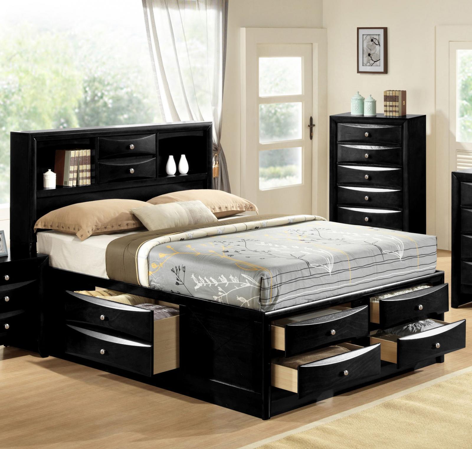 Contemporary Black Finish Storage Queen Size Bed Crown Mark B4285 Emily