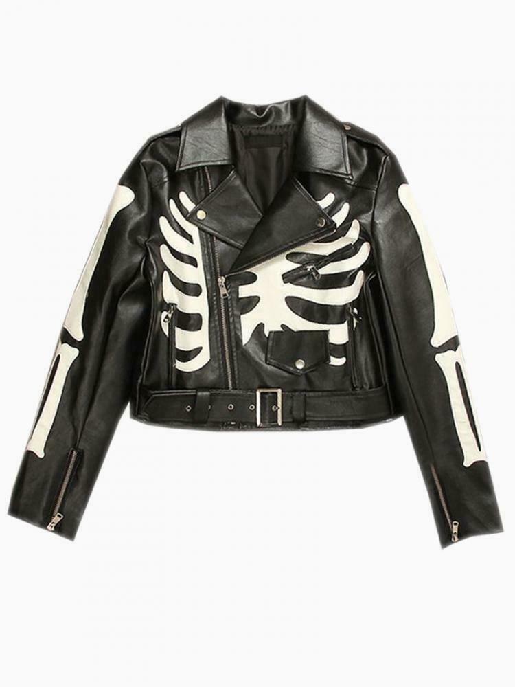 Women's Black Leather Biker Jacket With Skeleton Print