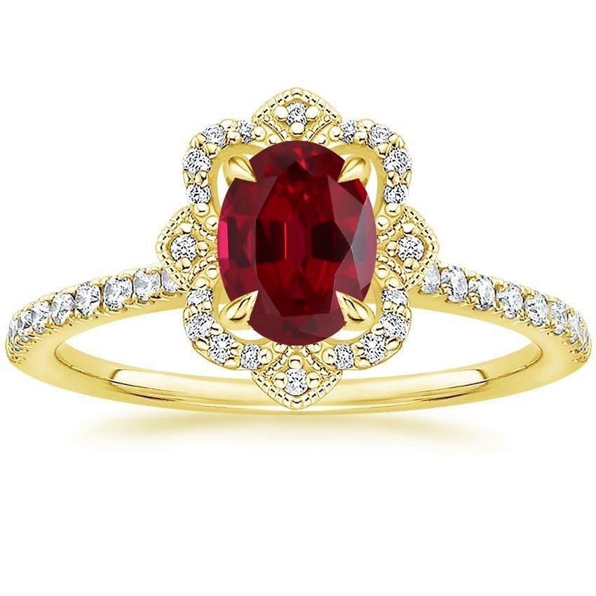 14K Yellow Gold Plated 7/8Ct Oval & Round Cut Ruby & Diamond Engagement