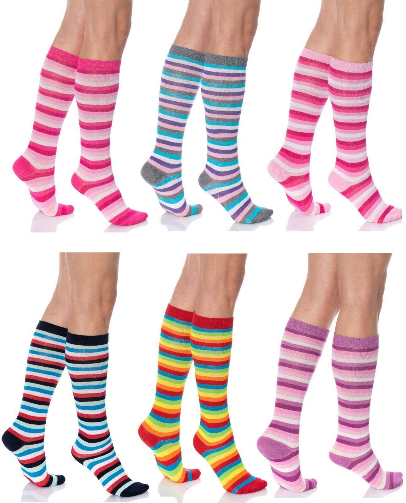 Striped Knee Socks for Women 6 Pairs Colorful Over the Calf Combed Cotton Socks